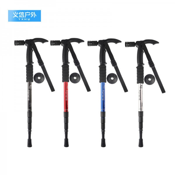 带9LED灯登山杖 户外T柄四节伸缩登山杖 爬山登山拐杖手杖老人杖